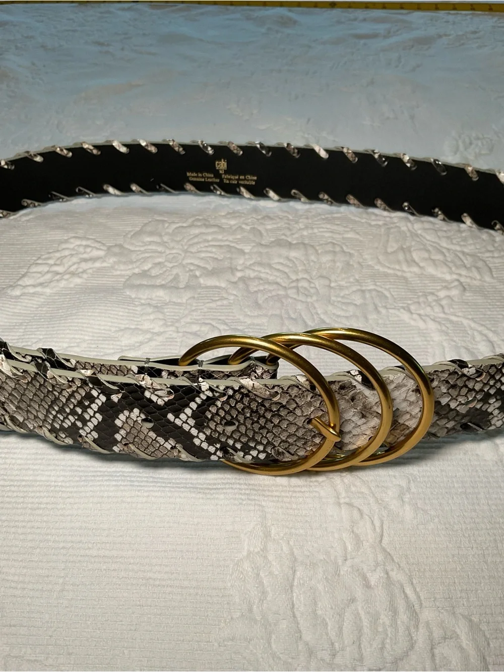 CAbi Snake-Print Leather Belt with Triple Gold Rings